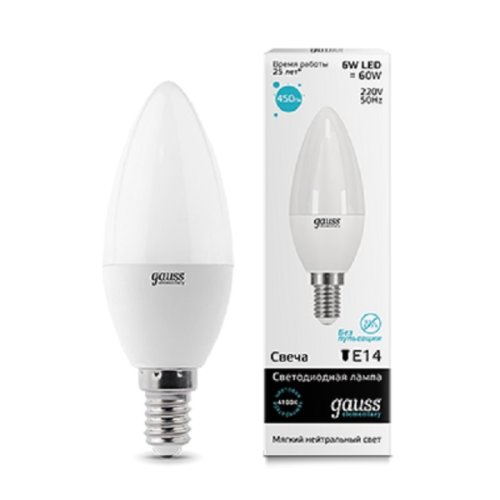 Лампа светодиодная Gauss Elementary С37 Свеча E14 220В 6Вт 540Лм 4100К 37х98мм фото Лампа светодиодная Gauss Elementary С37 Свеча E14 220В 6Вт 540Лм 4100К 37х98мм картинка